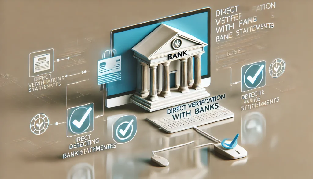 Illustration depicting advanced document analysis for detecting fake bank statements, featuring a magnifying glass inspecting a bank statement with highlighted tampered areas, icons of forensic tools, and a digital scanning interface representing technology used in embassy verifications.