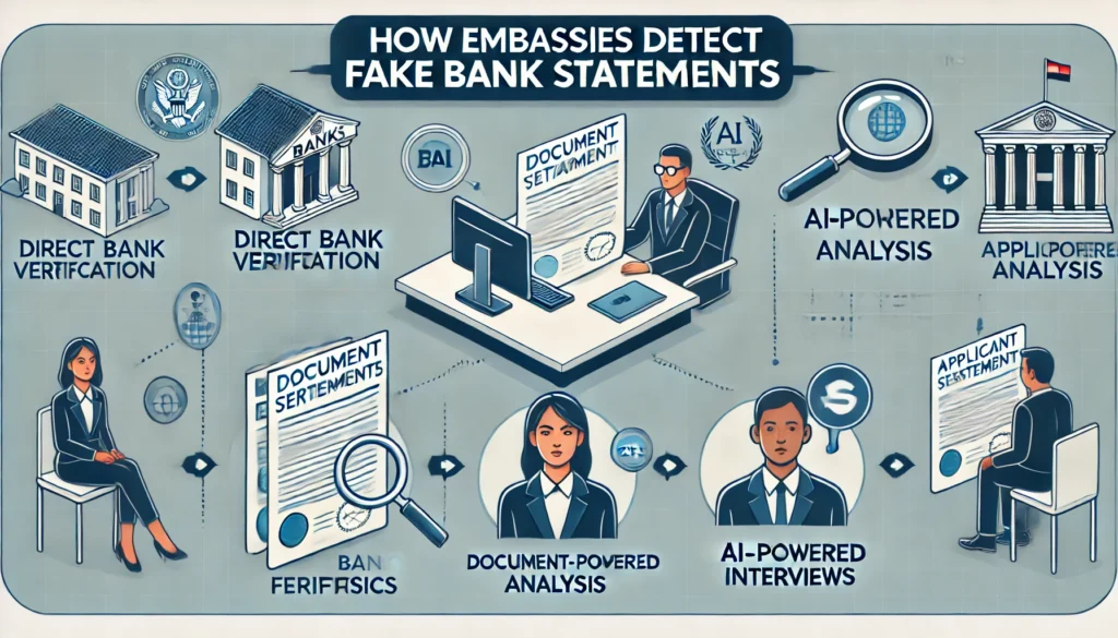 Illustration depicting advanced document analysis for detecting fake bank statements, featuring a magnifying glass inspecting a bank statement with highlighted tampered areas, icons of forensic tools, and a digital scanning interface representing technology used in embassy verifications.