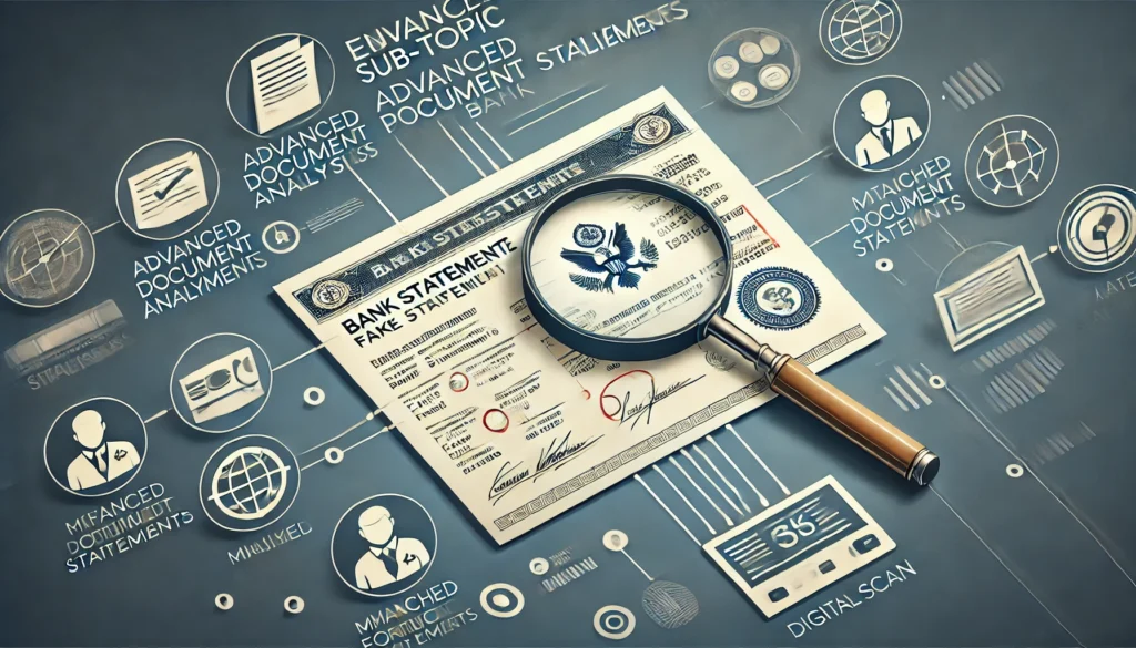 Illustration depicting advanced document analysis for detecting fake bank statements, featuring a magnifying glass inspecting a bank statement with highlighted tampered areas, icons of forensic tools, and a digital scanning interface representing technology used in embassy verifications.